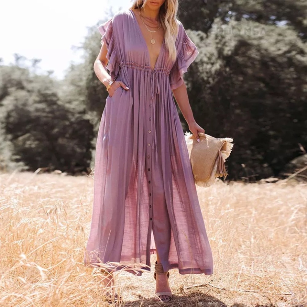 SOLD OUT Lavender Gauze Boho Button Maxi Dress - Picture 2 of 10